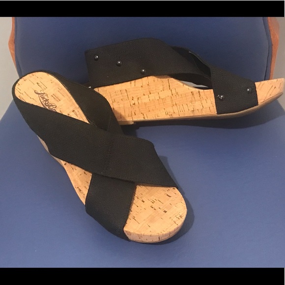 NWOT Lucky Brand LK Miller2 black woven platform cork wedge slip-on - Picture 2 of 15